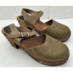Lotta’s Taupe Brown Wooden Leather Clogs Womens Size EU 40 US 9 Stockholm Sweden